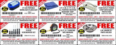 Harbor freight free items - Power Tools Shop/Garage Storage Welding & Machinery *LIMIT 1 Coupon per customer per day. Not valid on prior purchases. Non-transferable. Original coupon must be presented. Other restrictions may apply. No Hassle Return Policy 100% Satisfaction Guaranteed